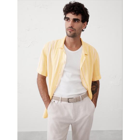 Men's Banana Republic Linen Butter Yellow Slim Fit Textured Resort Shirt sz XL - Picture 1 of 5